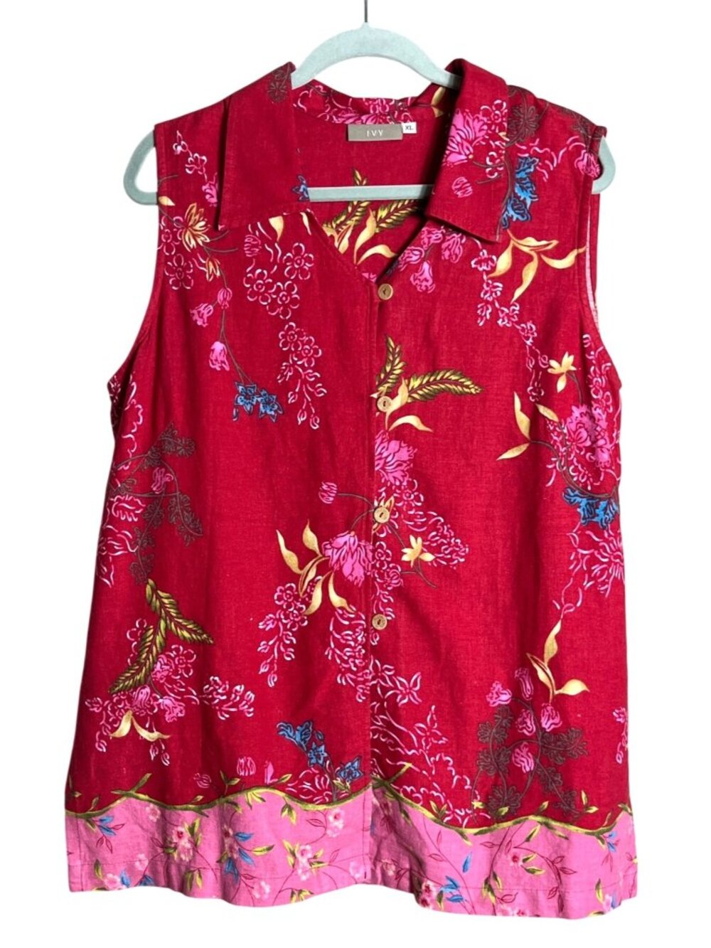 Red Floral Linen Blouse Vibrant Ivy Brand Button Tunic Sleeveless Comfort Wom XL